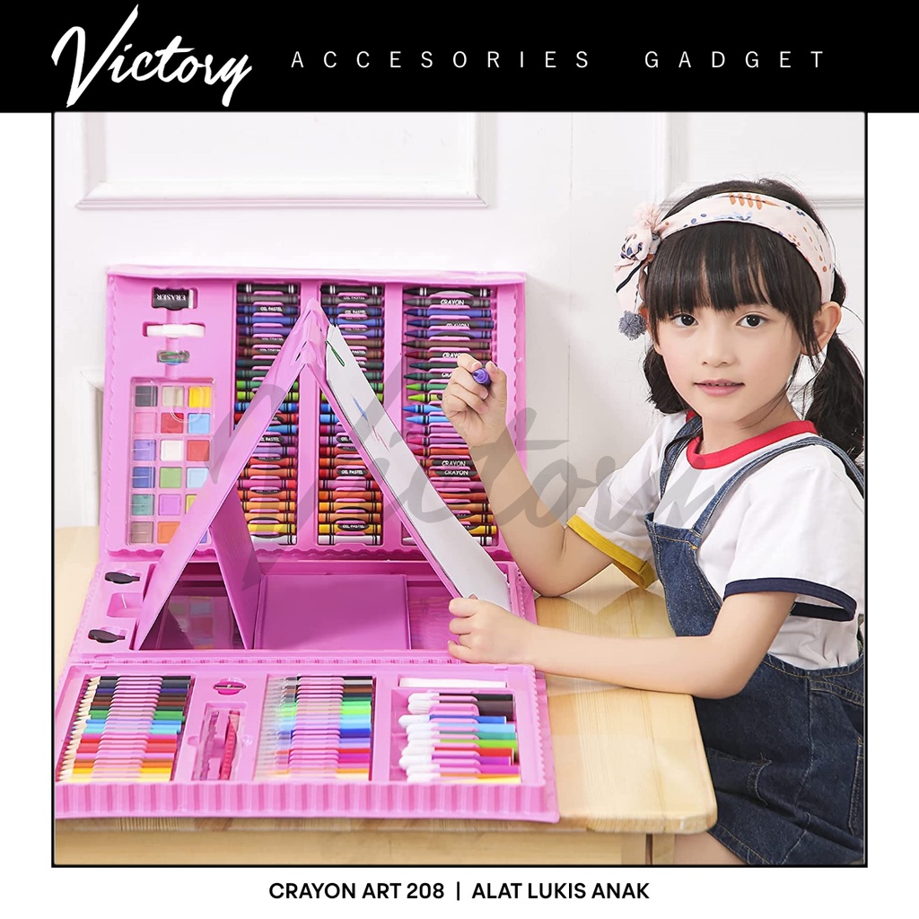 VICTORY Crayon Anak Pengasah 208pcs Set Alat Menggambar Melukis Anak-anak Crayon Cat Air Pensil