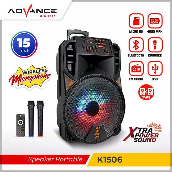SPEAKER SPEKER BLUETOOTH PORTABLE + FREE 2 MIC WIRELESS ADVANCE DIGITALS K1506 XTRA POWER SOUND 15 I