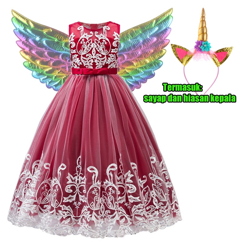 Lasser bairam Gorgeous Long Unicorn Dress Gold Maroon Navy Red Dress Pesta Anak Perempuan