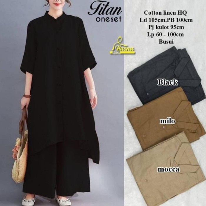 Setelan Muslim Wanita Terbaru / One Set Tunik+Kulot Bahan Katun Linen