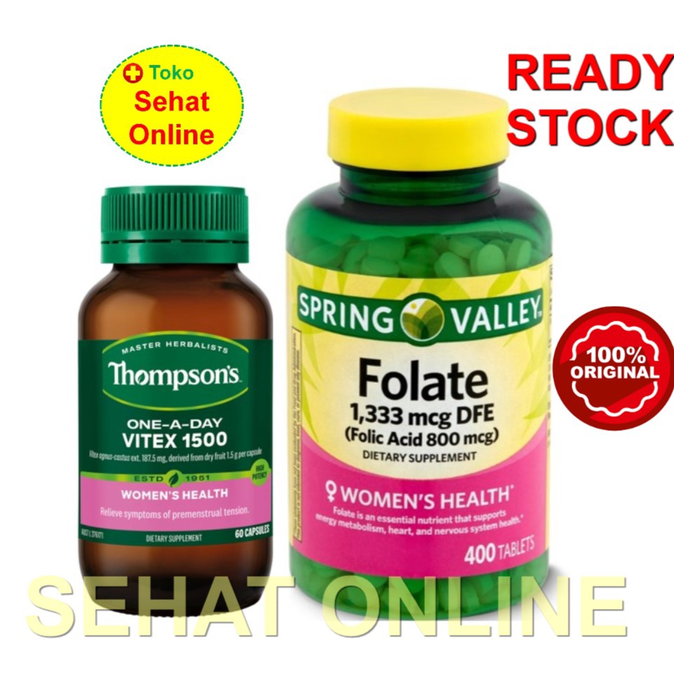 Paket Thompson Vitex 1500 mg + Spring Valley Folate 800 mcg (utk PCOS)