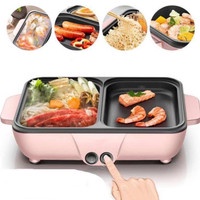 TURUN HARGA Wajan Listrik Kompor Warna Pink Panggangan Bbq Dan Hotpot Elektrik 2 In 1 Grill Bbq Hotpot Elektrik Anti lengket Pemanggang listrik serbaguna