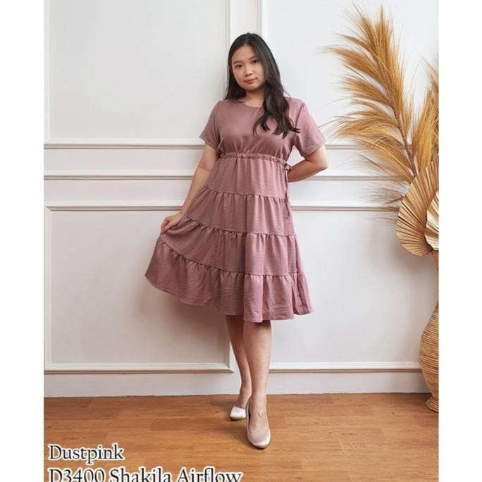 

Terlaris Cutting Dress Midi Lengan Pendek Casual Ruffle Babydoll Pinggang Serut D3400
