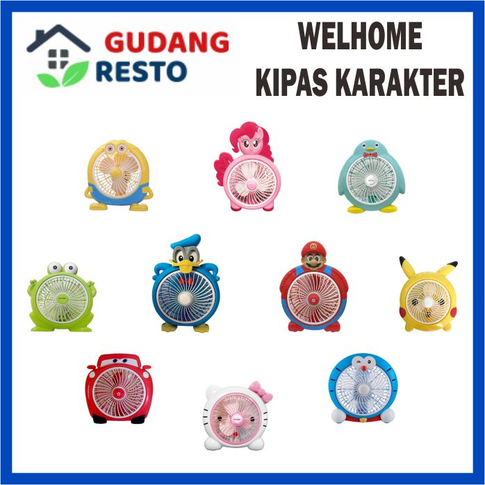 WELHOME KIPAS ANGIN KARAKTER 10 INCH DESK FAN / BOX FAN / KIPAS MEJA LUCU LISTRIK PORTABLE 10&quot;