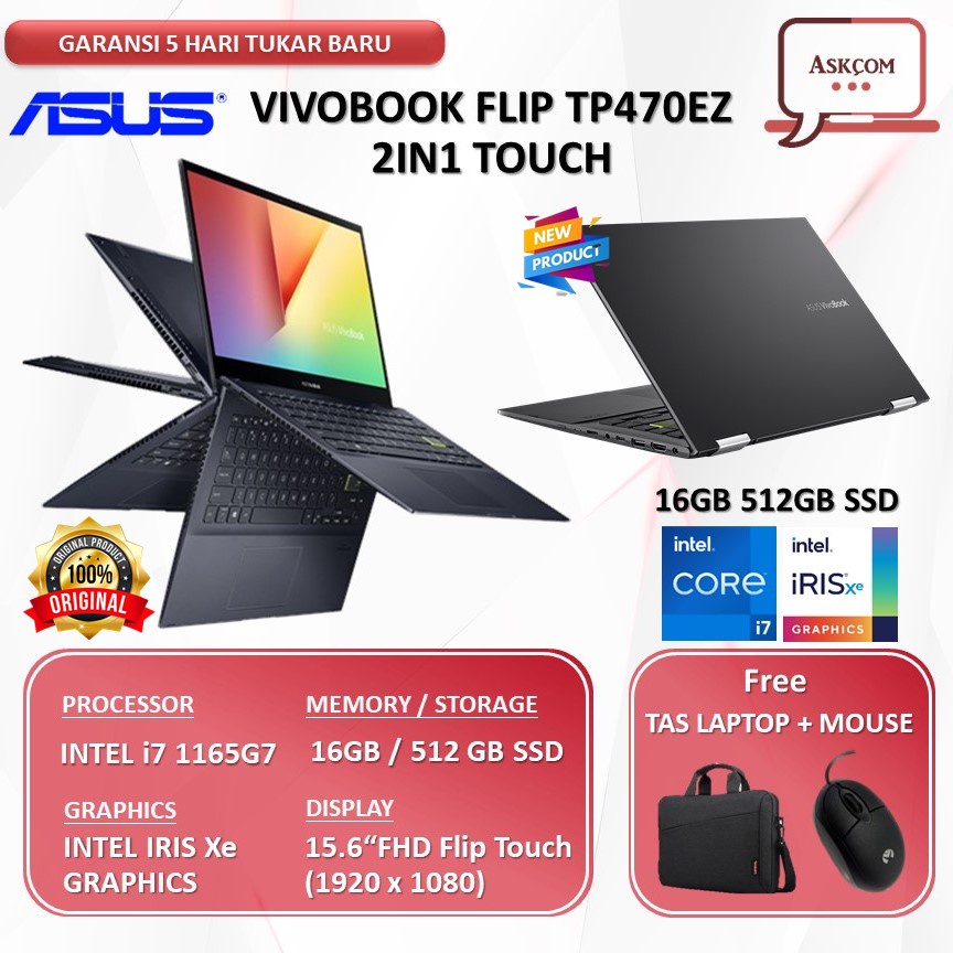 Laptop Asus Vivobook Flip TP470EZ 2in1 Touch i7 1165G7 RAM 16GB 512GB SSD W11 14.0&quot; FHD IPS