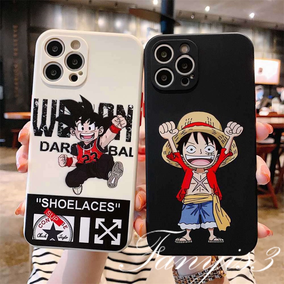 Luffy &amp; Son Goku iPhone 14 13 12 11 Pro Max X XR Xs Max 7 8 Plus SE 2020 Side Stripe Case Anime One Piece Silicone Soft Protective Cover