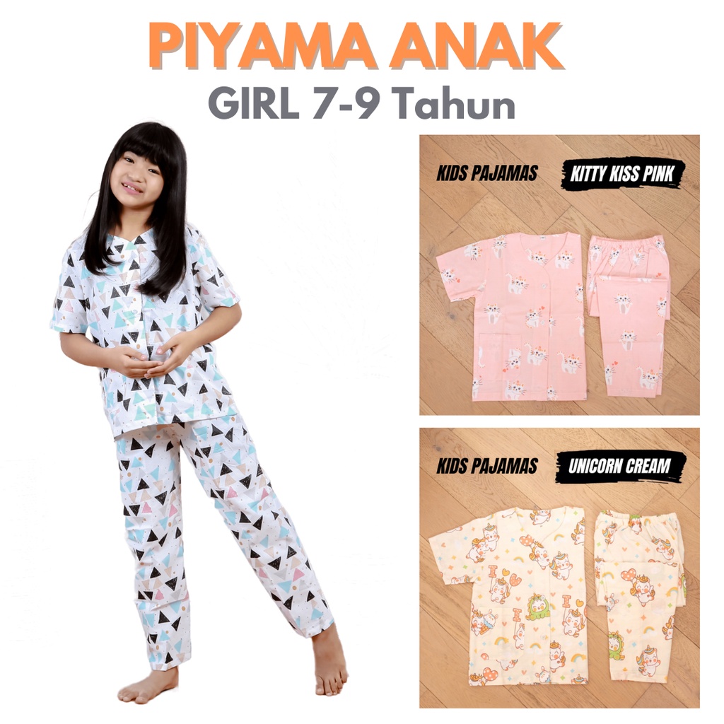 PIYAMA ANAK PEREMPUN 7-9 TAHUN / KATUN PINK BIRU / BAJU TIDUR GIRL CEWE  / PAJAMAS LUCU KIDS UNICORN PRINCESS BUNNY CAT KUCING / SIZE L