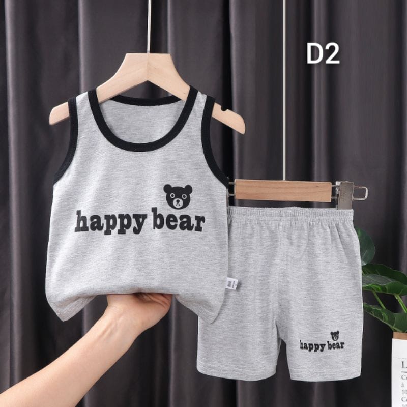 Baju Kaos anak singlet setelan bear happy abu