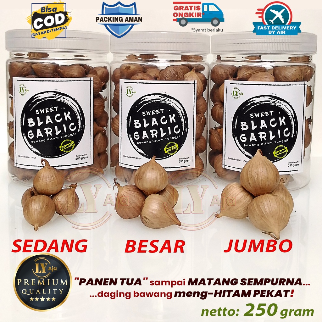 Bawang Hitam Tunggal Lanang 250 Gram Sweet Black Garlic LY Aja Size Kecil Sedang Besar Jumbo Super Premium 250 Gr