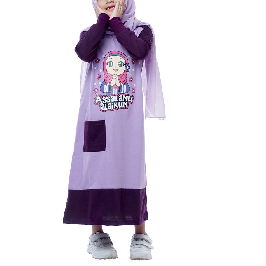 ➶ Dungdungkids Baju Gamis Kaos Anak Perempuan Muslimah Assalamualaikum Ungu Ungu (Tanpa Jilbab) ۩