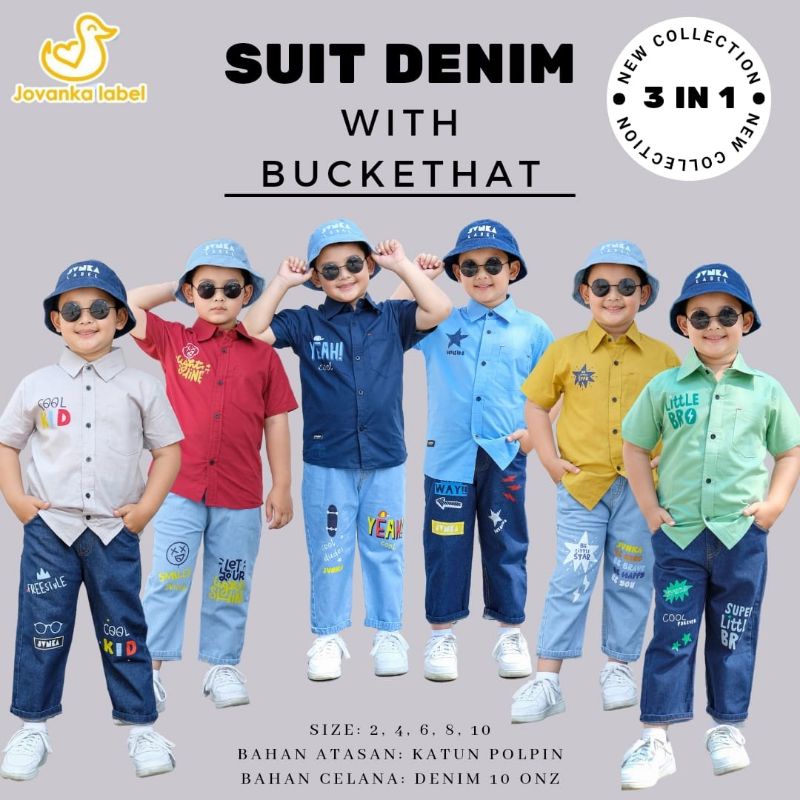 SUIT DENIN WITH BUCKETHAT JOVANKA LABEL / SETELAN KEMEJA ANAK