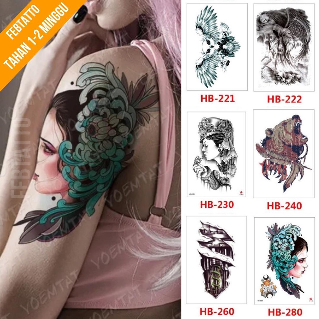 Tato Temporer Ukuran 21cmx15cm Motif Aesthetic Tatto Temporary Stiker Tato Halal Grosir Tato air motif burung hantu, malaikat, wanita, serigala ,perempuan, tribal robot HB 280