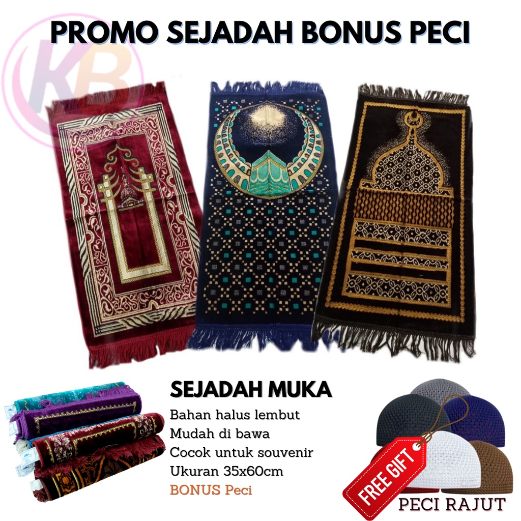 Sejadah Muka Mini ( Bonus Peci ) / Sejadah Kepala / Sajadah Lipat Tipis Ukuran 35x60 Cm / Cocok Untu