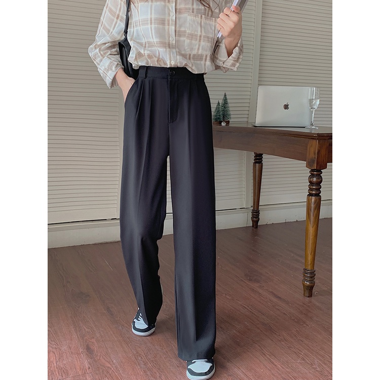 Celana Kulot Kasual Loose Celana Panjang High Waist Wanita Korea Style Hitam Straight Pants Celana Wanita