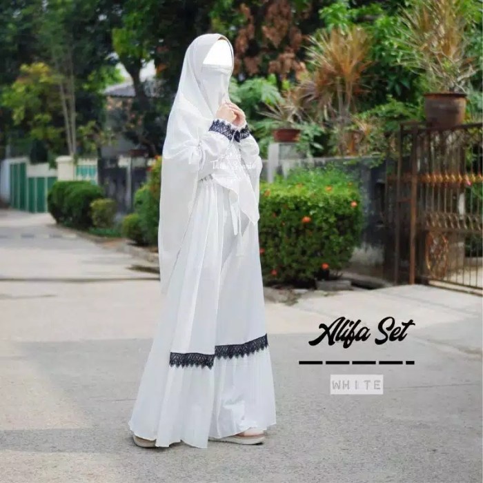 Baju Gamis Wanita Terbaru 2021 ALIBA SET SYAR'I Free Cadar Niqab - Putih, XL Y0H0
