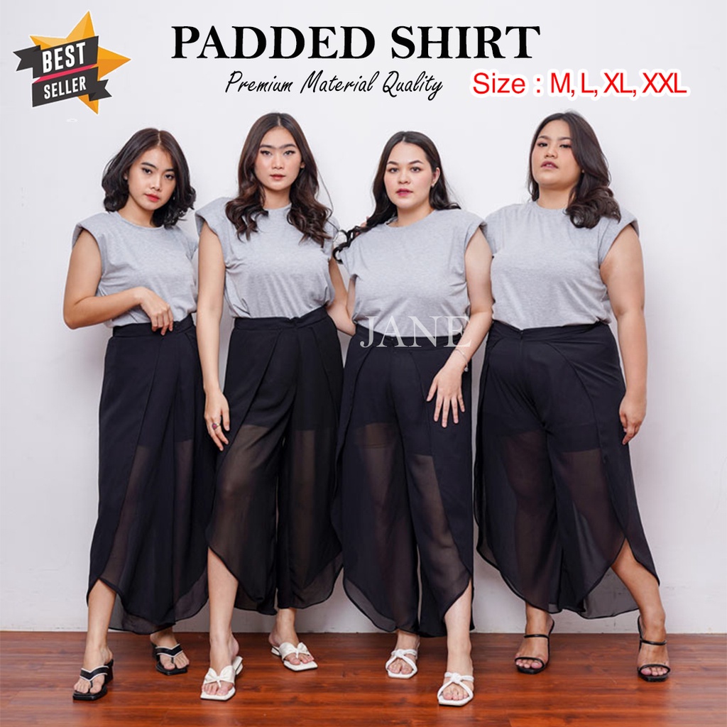 JANE COLLECTION || Pad Shoulder Top Blouse Wanita Hitam Kasual Atasan Wanita Putih Katun Muscle Tee Padded Top