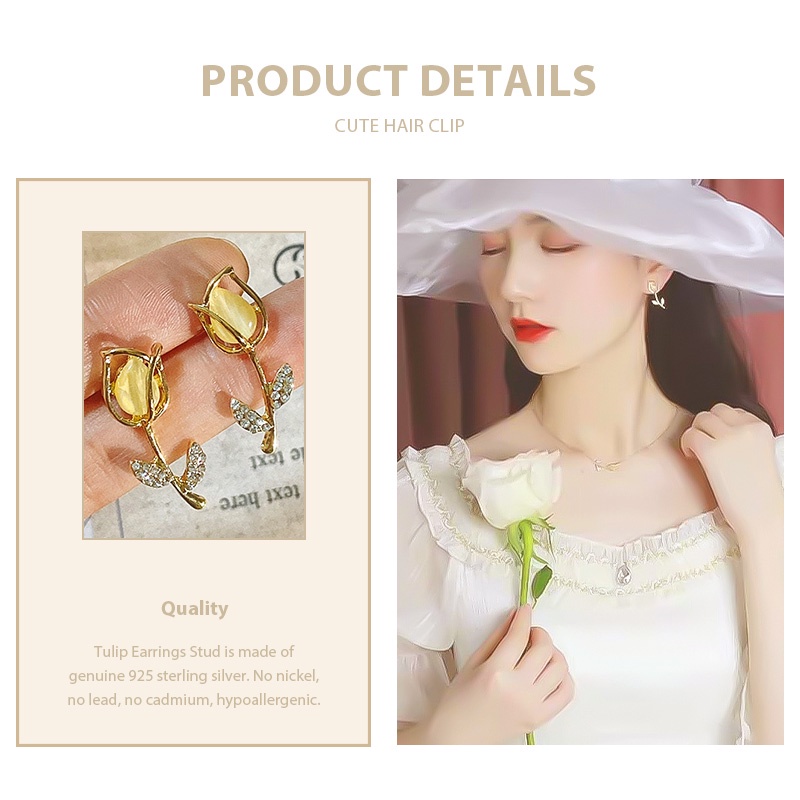 【COD】Kalung Anting Stud Kristal Berlian Imitasi Bentuk Bunga Mawar Tulip Gaya Korea Untuk Wanita 925 Anting Opal Temperamen