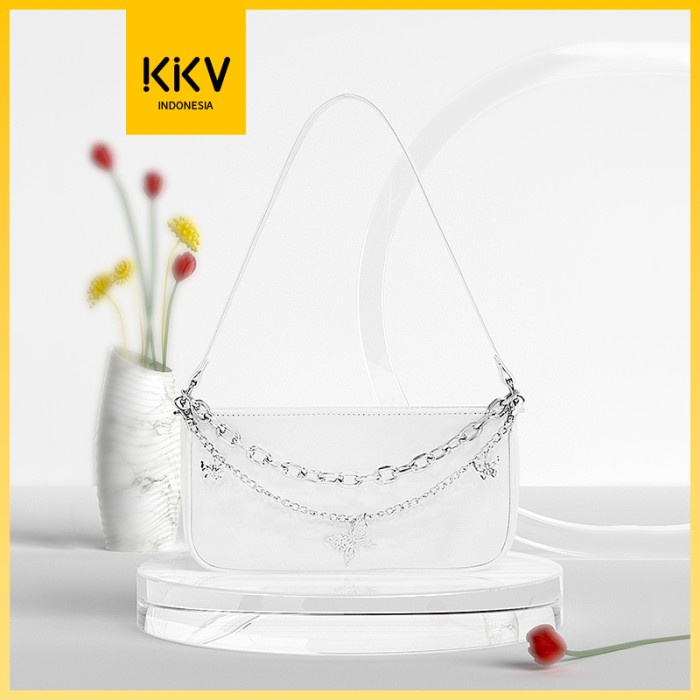 PROMO KKV JM TAS BAHU SHOULDER BAG WANITA KULIT PU GLOSSY RANTAI KUPU - WHITE TRENDY MURAH TERLARIS 