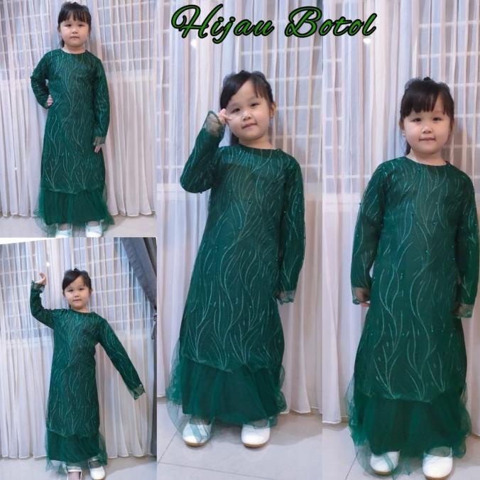 MURAH Gamis Brukat Brokat Anak Perempuan Polos GERALDA Warna HIJAU BOTOL