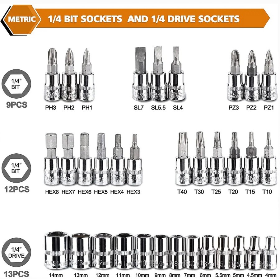 COD Kunci SOK 46 PCS Set Socket (1/4 &quot;) Full Lengkap Socket Tool Kit Pas Ring L Motor Mobil Termurah