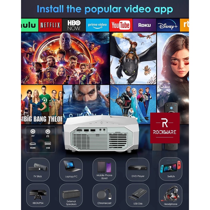 ROCKWARE GC007 ANDROID - Smart Projector FHD 1080P - 200 ANSI Lumens