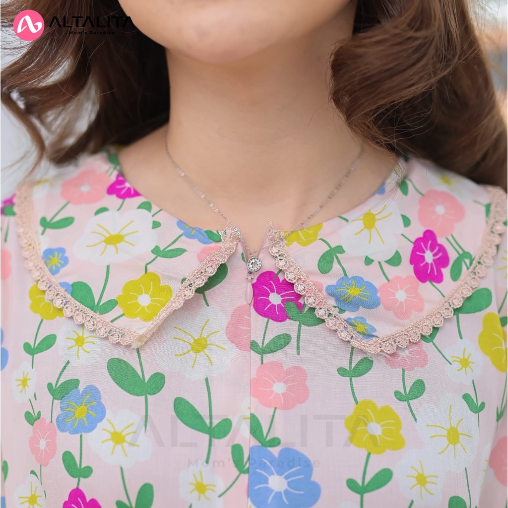 Altalita - Daster Kerah Renda Cantik Wanita Busui Lengan Pendek Bahan Rayon Premium Panjang Semata Kaki Remaja Motif Kekinian Jumbo LD 120