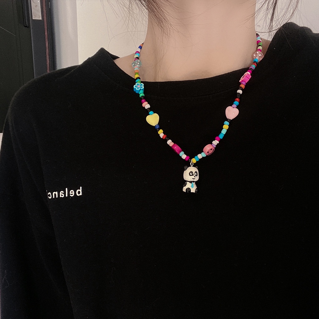 Kalung Liontin Panda Lucu Warna-Warni Smiley Face Love Beads Rantai Klavikula