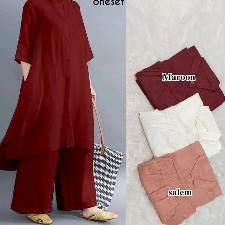 Baru Titan One Set / Setelan Muslim Wanita Terbaru 2021 / Set Tunik+Kulot Bahan Katun Linen / OOTD M