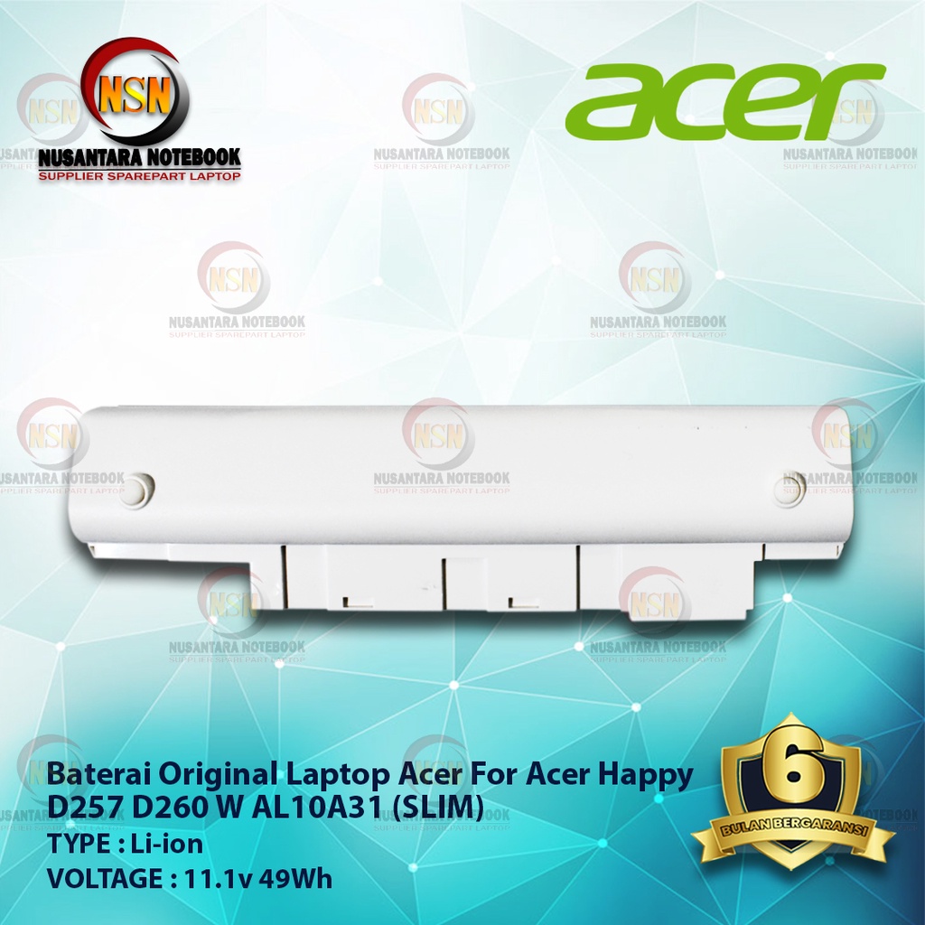 Baterai Original Acer AL10B31 For Laptop D255 D260 AO522 WHITE SLIM 11.1V 49Wh