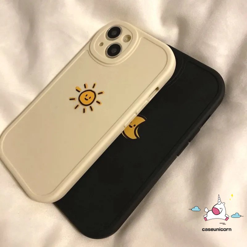 Casing Couple Case Kompatibel Untuk iPhone 11 Pro Max14 13 12 Pro Max XR 6s 6 8 7 Plus X XS Max SE 2020 Simple Lucu Bulan Matahari Shockproof Lembut Tpu Pecinta Pasangan Cover