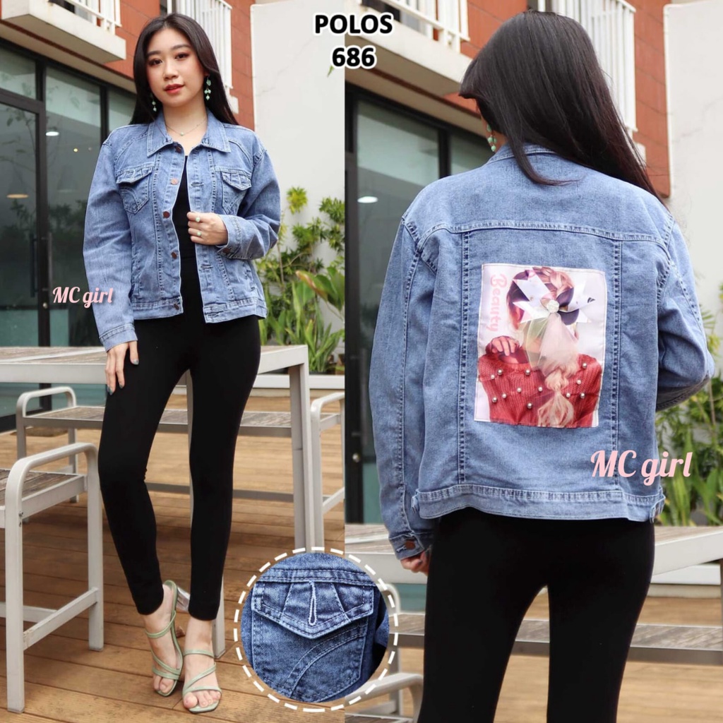 ( Bisa COD ) MC girl - Jaket Jeans Snow Gambar Pita Goyang Belakang / Jaket Lepis Gambar Pita 3D Wanita / Jacket Denim Gambar Pita Belakang