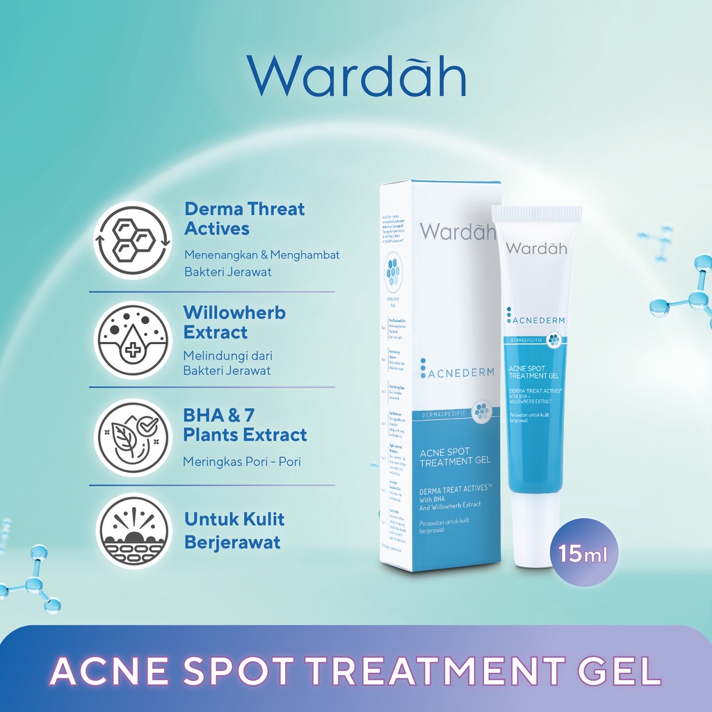 WARDAH Acnederm Acne Spot Treatment Gel Indonesia / Obat Totol Jerawat 15ml / Derma Treat Actives With BHA + Willowherb Extract / Perawatan Untuk Kulit Berjerawat Acnes Skincare Face Care Series / Foaming Cleanser Toner Serum Day Night Moisturizer Powder