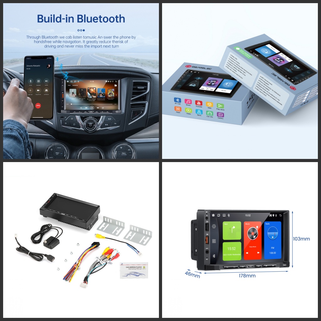 7 Inch Android 11 Radio Mobil Support Carplay Bluetooth WiFi GPS Navigation AUX input FM Radio Receiver with Split Screen Mode 2GB RAM 32GB ROM