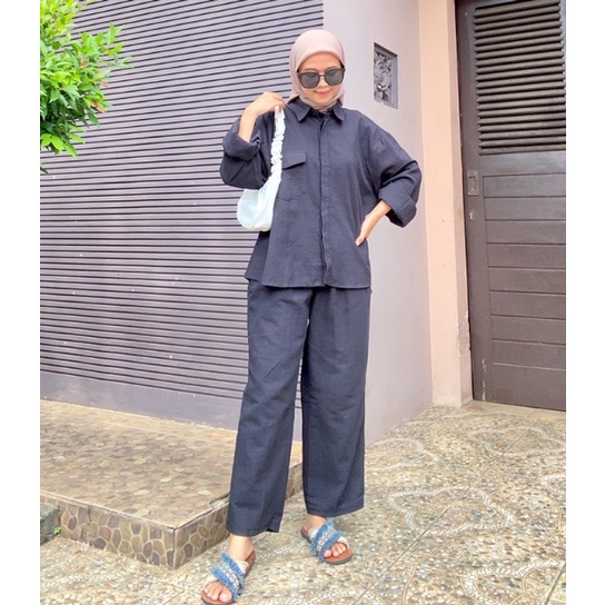 Pakaian Wanita, Set Wanita, Set Kemeja dan Celana Kulot Polos