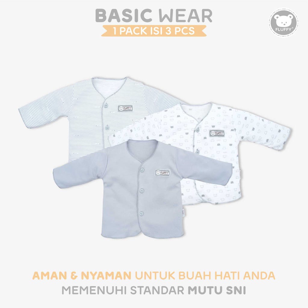 Fluffy 3 Pcs Baju Panjang Bayi (Isi 3Pcs) ABU SERIES Piyama Baby Newborn