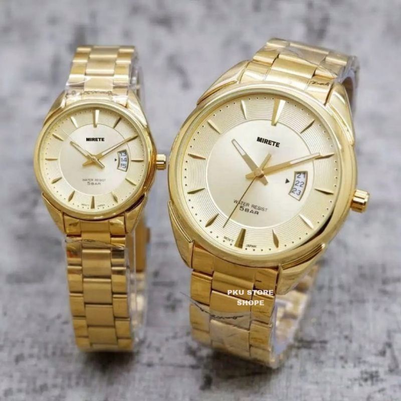 MIRETE ORIGINAL Jam Tanngan Couple Pria Dan Wanita Tahan Air Tanggal Aktif Free Box | Jam Tangan Kasual Analog Pria Dan Wanita Strap Rantai Stainless Steel Mewah Elegan Sporty Quartz Realpict Dijamin Sesuai Foto