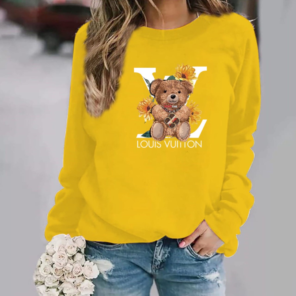 Baju lengan panjang wanita logo TEDDY BEAR LV / kaos distro model sweater keren trendy dan kekinian