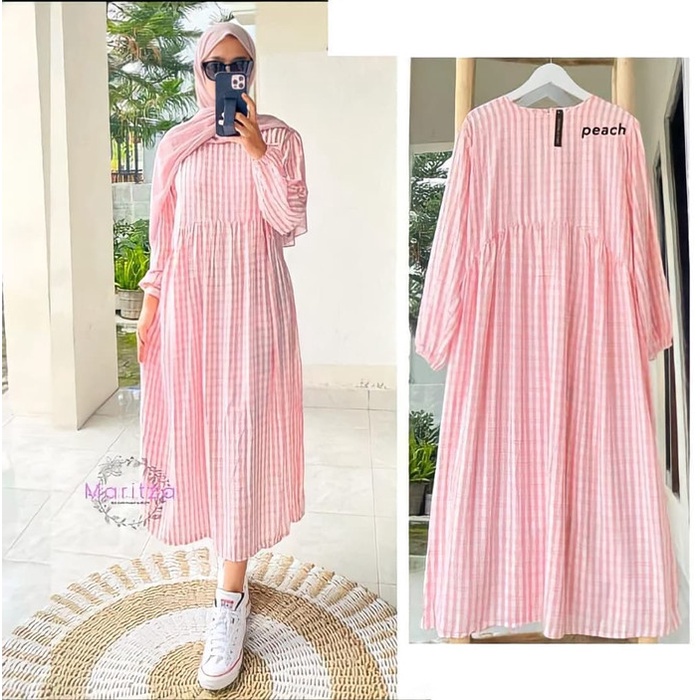Gamis Wanita Amelia Long Tunik Katun Kotak Termurah - Peach H0H7