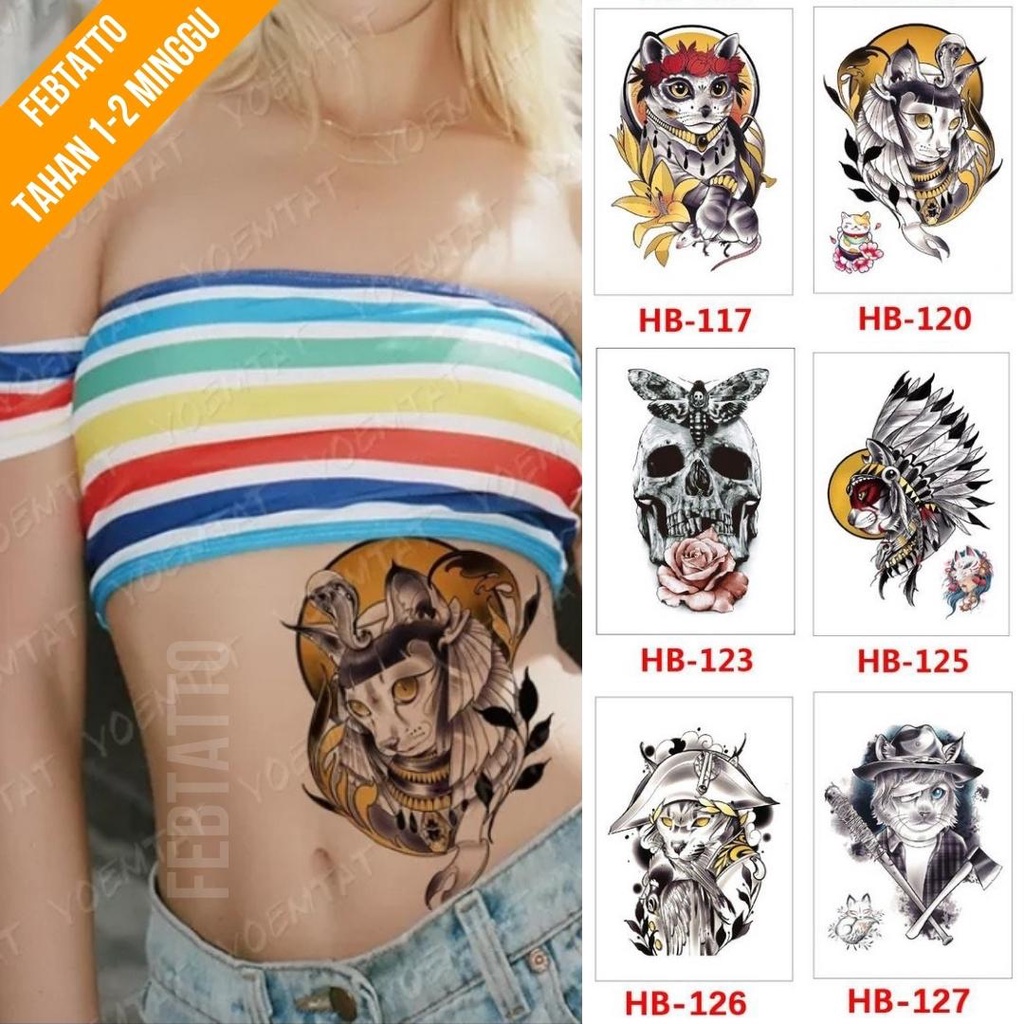 Tato Temporer Ukuran 21cmx15cm Motif Aesthetic Tatto Temporary Stiker Tato Halal Grosir Tato air motif kucing, bunga, tengkorak HB 120