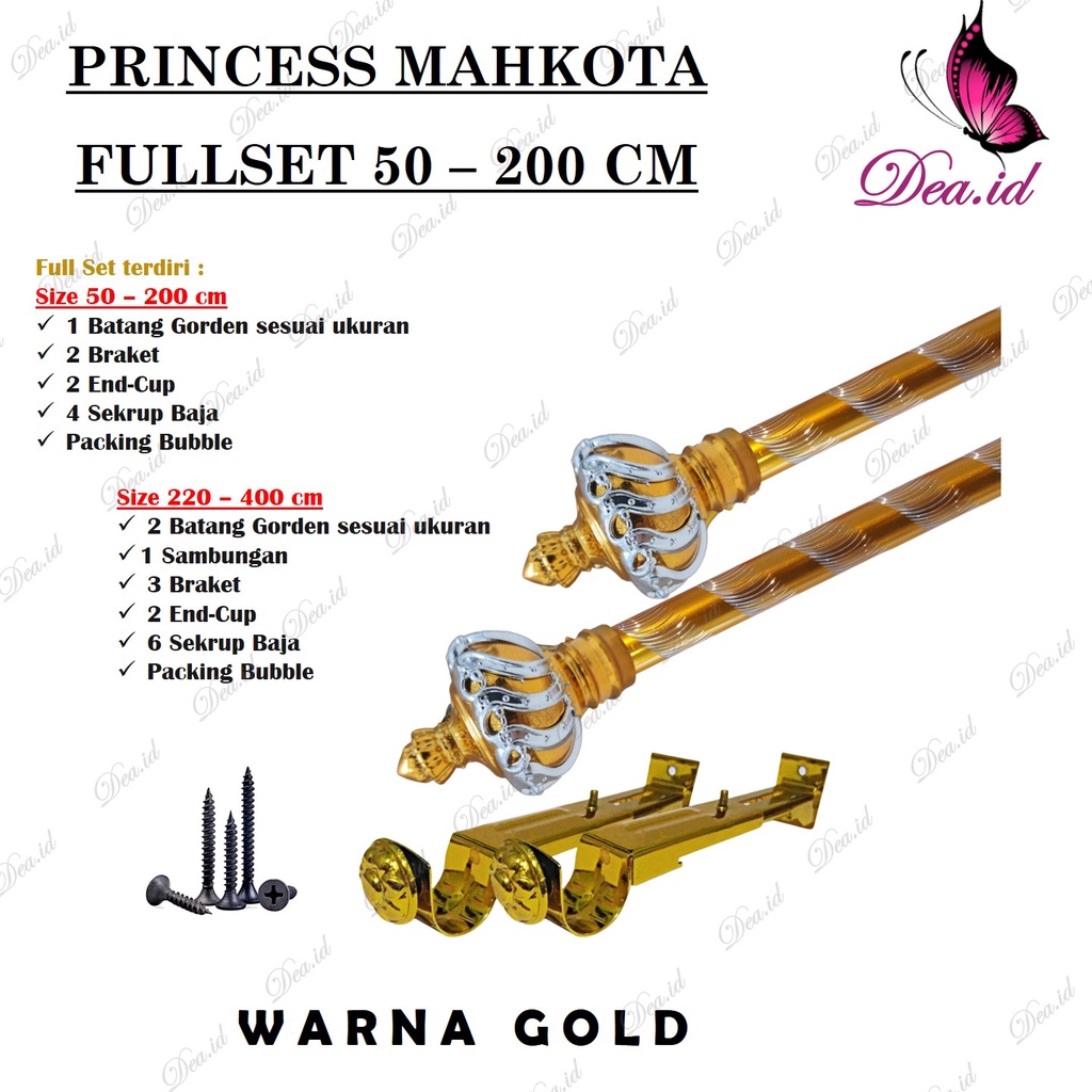 [DEASHOP] [PRINCESS 50-200 CM] FULLSET BATANG ROLLET GORDEN SOKA GOLD SILVER BLACK ULIR KRISTAL - NEW FULLSET TIANG GORDEN GORDYN PREMIUM MAHKOTA PRINCESS