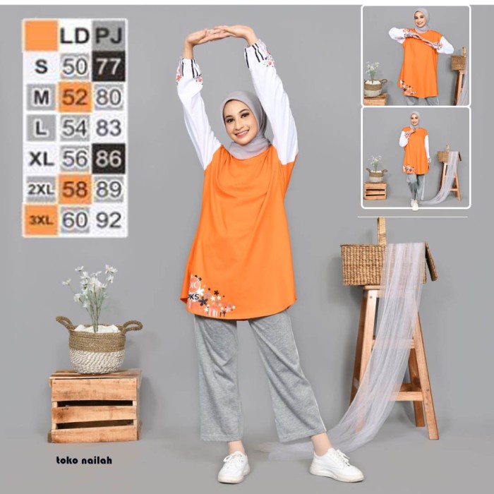 Jubah Wanita Muslimah Kaos PKS Logo Baru Akhwat Tunik Orange Motif Bunga - S B8N6