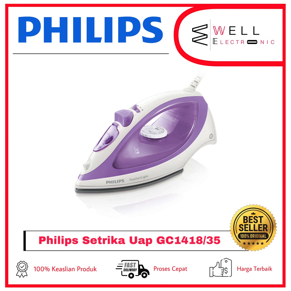 PHILIPS STEAM IRON GC1418 GC 1418 FEATHER LIGHT SETRIKA UAP - UNGU