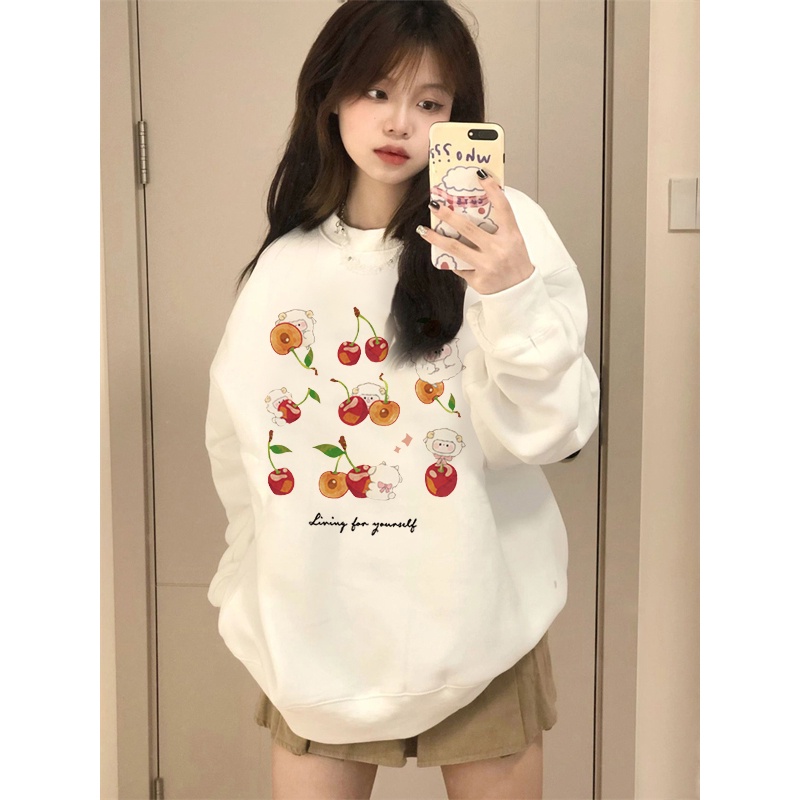 EUNII Sweater Lengan Panjang Cartoon Lamb Cherry Korean Style/Sweater Crop/Baju Wanita/Switer Wanita/Switer