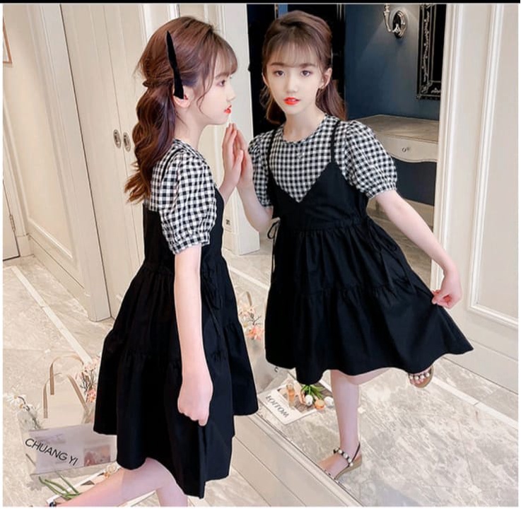 dress kids babydoll / dress kids rorosa / dress kids combi inner / katun kotak / hitam / terbaru