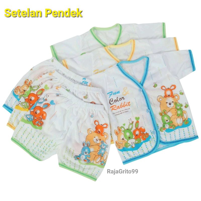 Setelan Pendek Bayi Newborn Baju pendek + celana Pendek Motif sablon Bahan TC Katun