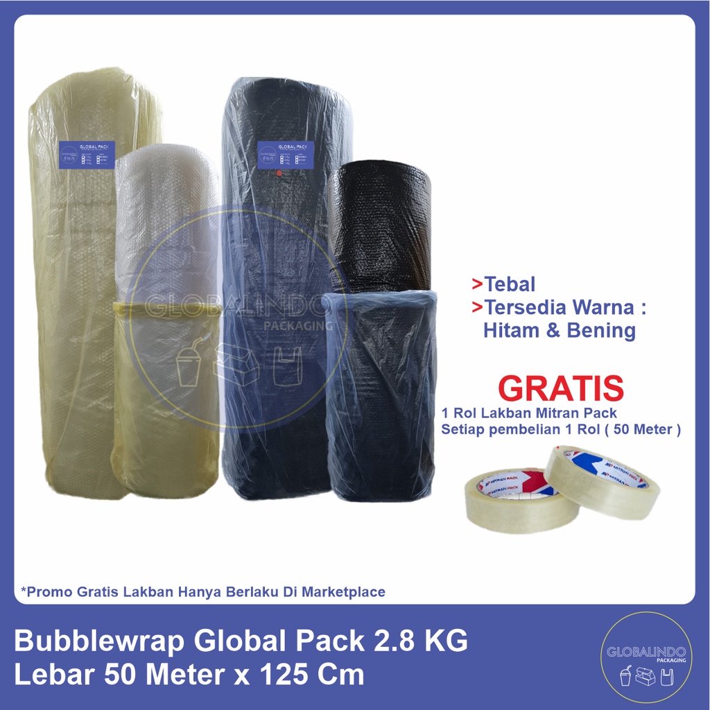 

Bubble Wrap Globalpack 125 cm x 50 meter - Hitam & Bening ( 2.8 kg )