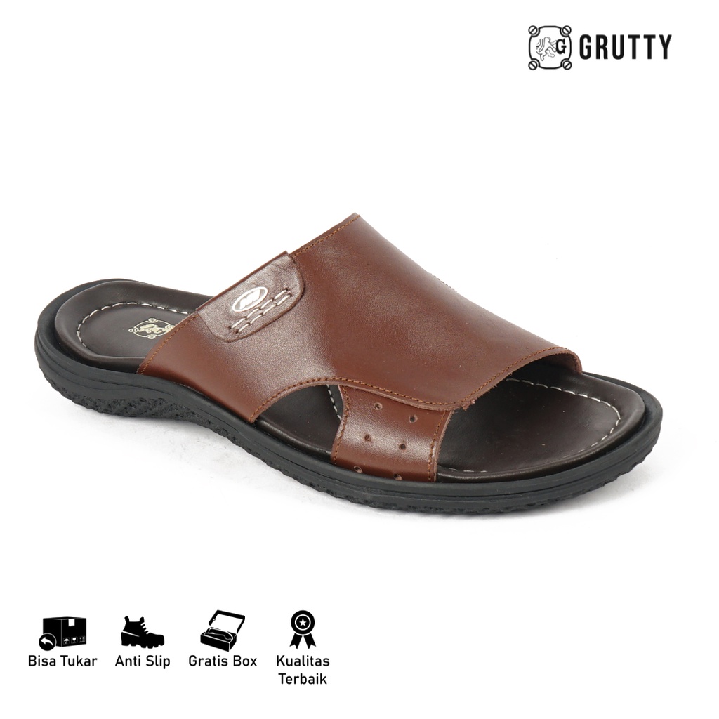 GRUTTY Sandal Pria Sendal Slide Kulit Asli Coklat 233