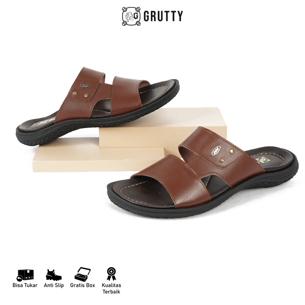 GRUTTY Sandal Pria Sendal Slide Kulit Asli Coklat 232