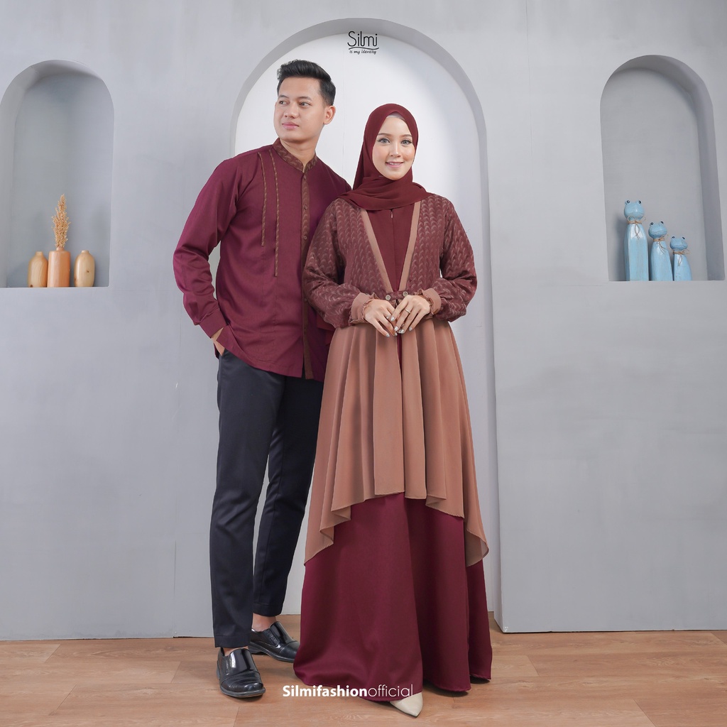 SERAGAM COUPLE AZZAM AZIZAH MAROON BY SILMI FASHION BAJU BUSANA MUSLIM BAHAN KATUN TOYOBO JAGUARD CE