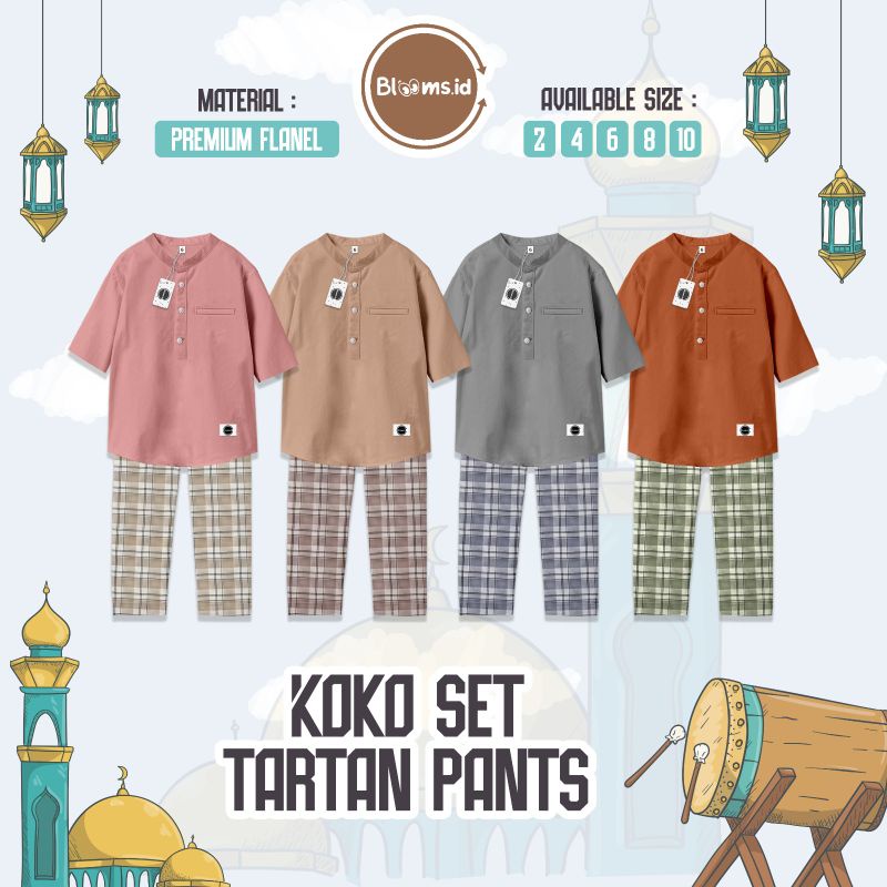 Setelan Koko Anak Laki Laki Lengan 3/4 Koko Set Tartan Pants By Blooms.id Pakaian Muslim Anak Laki L